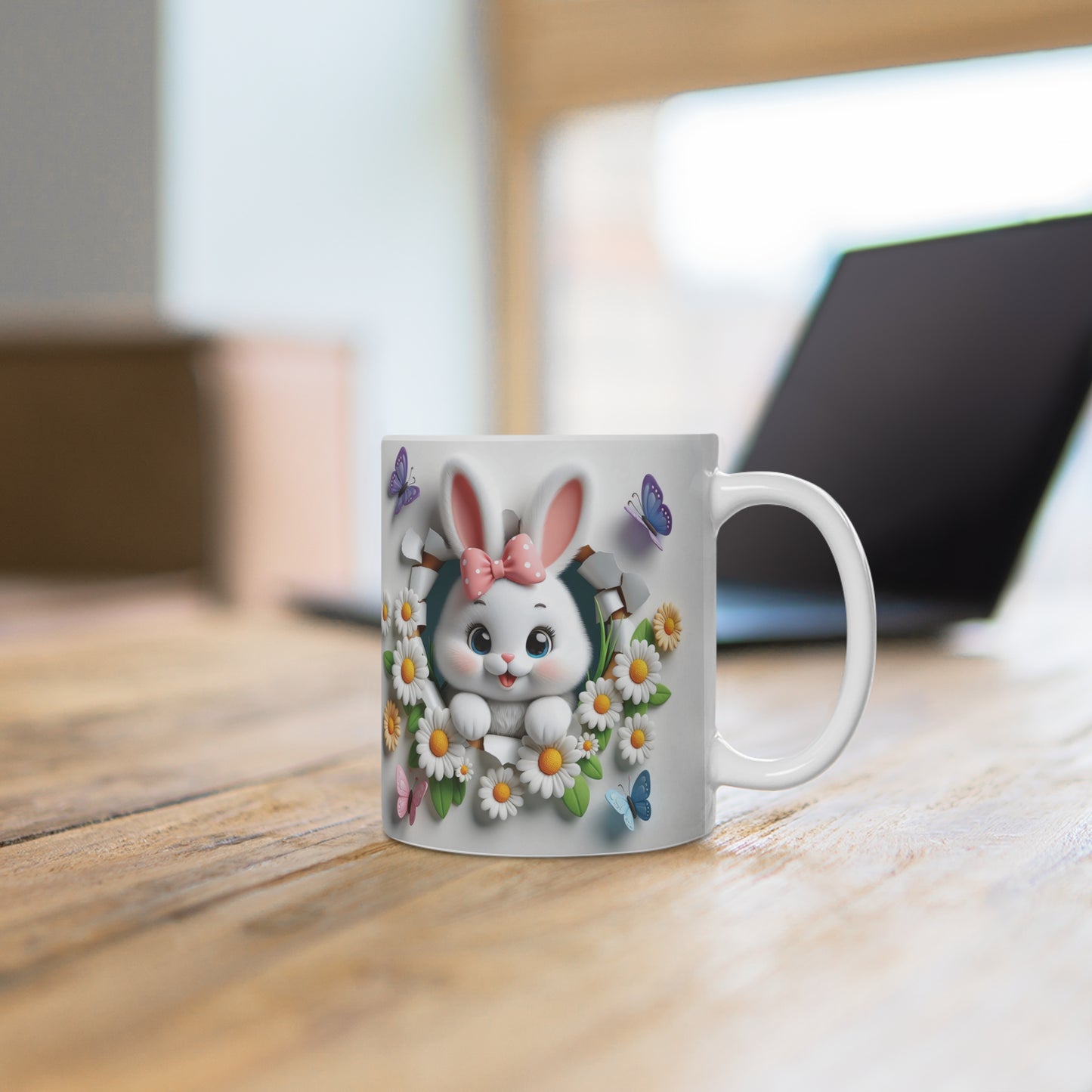 Cute Bunny Floral Mug — Easter Bunny with Daisies & Butterflies Ceramic Coffee Cup