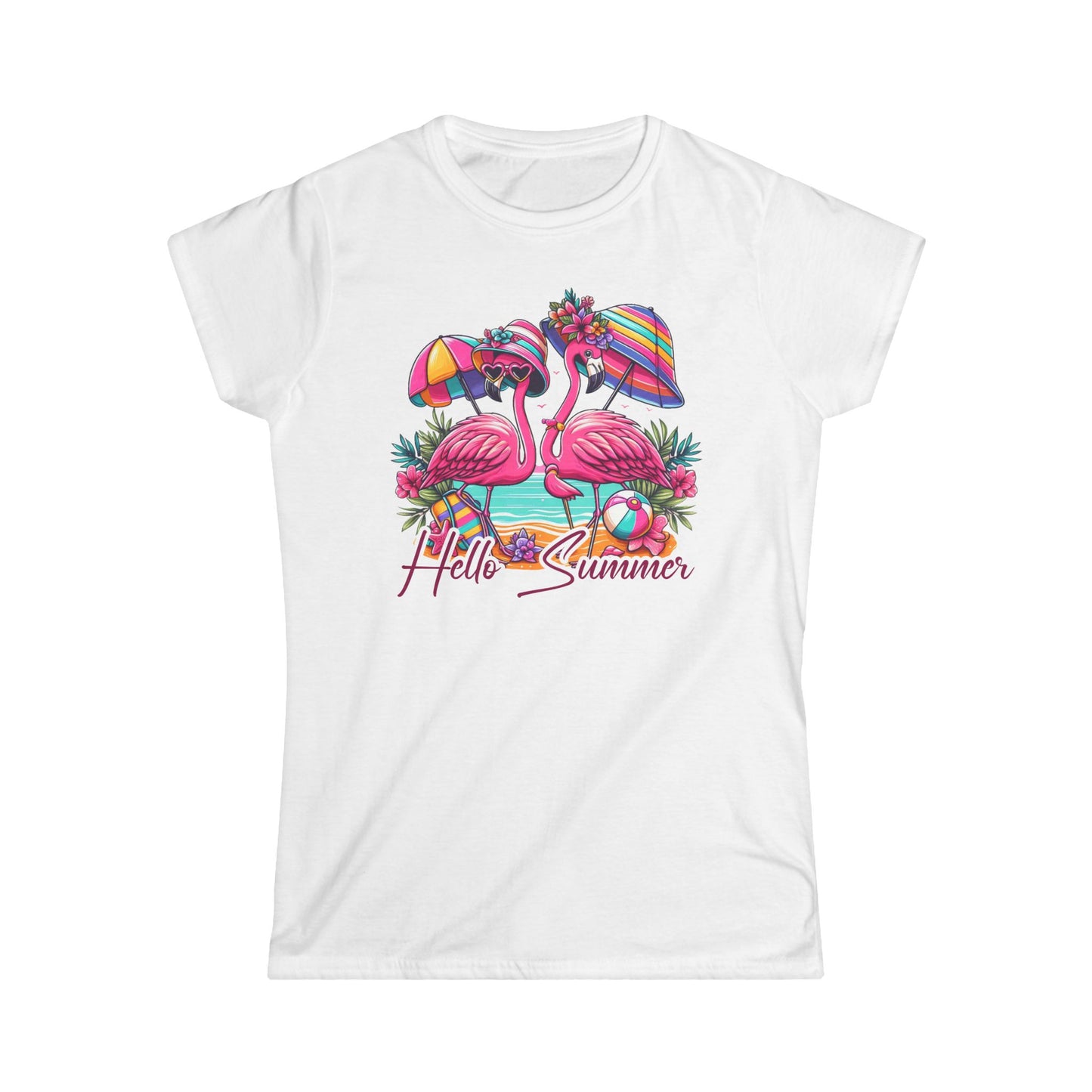 Hello Summer Flamingo Tee, Women's Summer Shirt, Beach Vacation Top, Tropical Graphic T-Shirt, Summer Party Wear, Gifts for Her