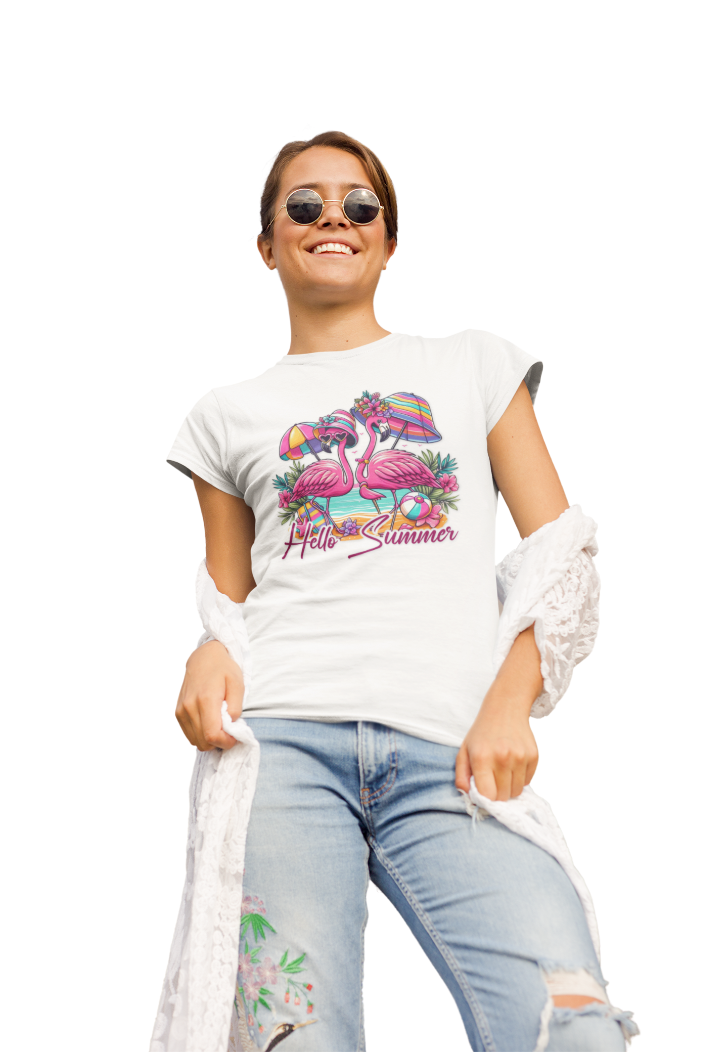 Hello Summer Flamingo Tee, Women's Summer Shirt, Beach Vacation Top, Tropical Graphic T-Shirt, Summer Party Wear, Gifts for Her