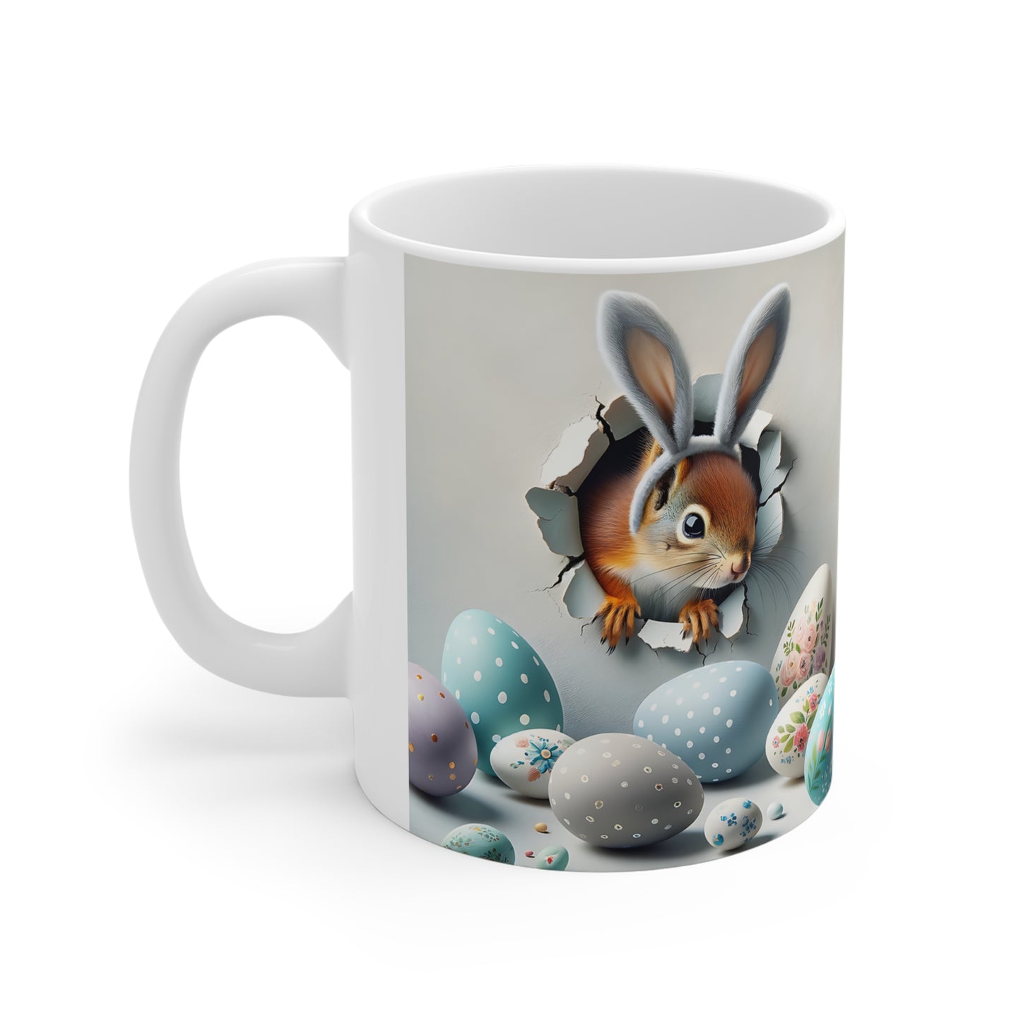 Easter Bunny Ceramic Mug — Cute Bunny Peeking Among Painted Eggs