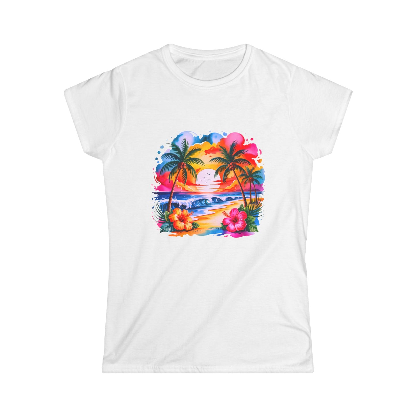 Vibrant Tropical Sunset Tee, Women's Beach Shirt, Summer Vibes Top, Casual Graphic Tee, Perfect Vacation Wear, Gift for Her