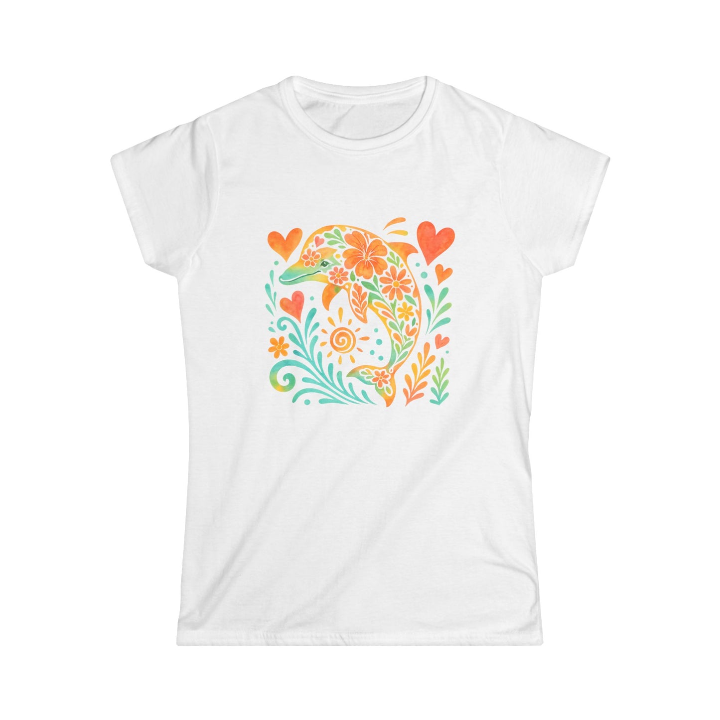 Vibrant Floral Dolphin Tee | Women's Summer Style, Beach Wear, Gift for Aquatic Lovers, Eco-Friendly Cotton, Nature Inspired