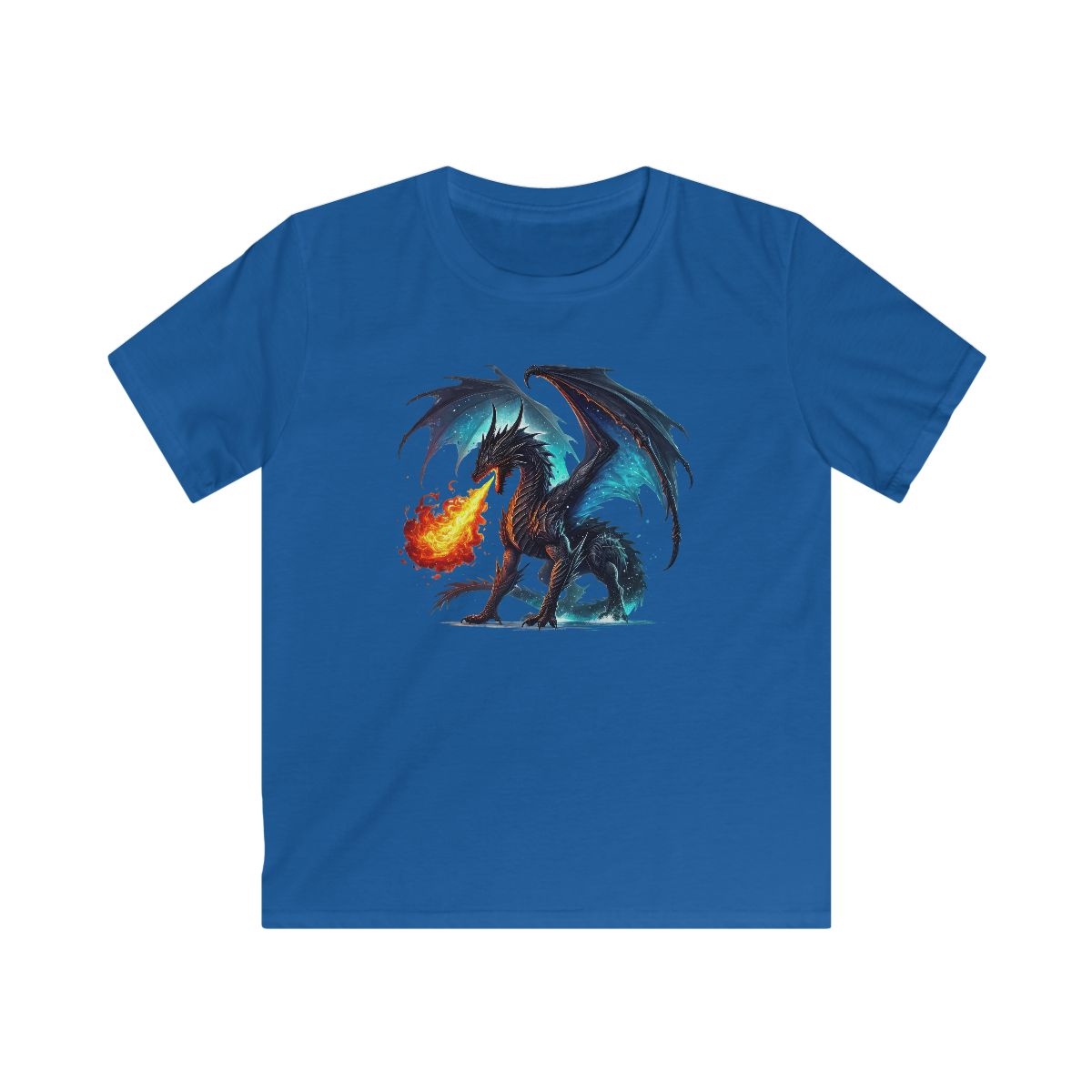 Kids Dragon T‑Shirt — Blue Fire-Breathing Dragon Graphic Tee