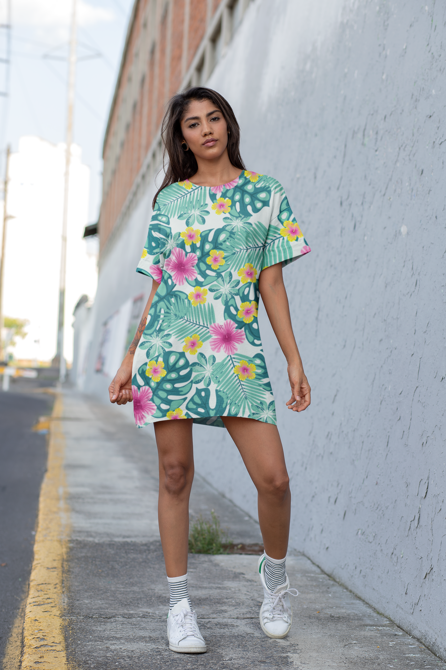 T-Shirt Dress with Flowers | Casual Floral Print Dress for Everyday Style - NLG Studio Design