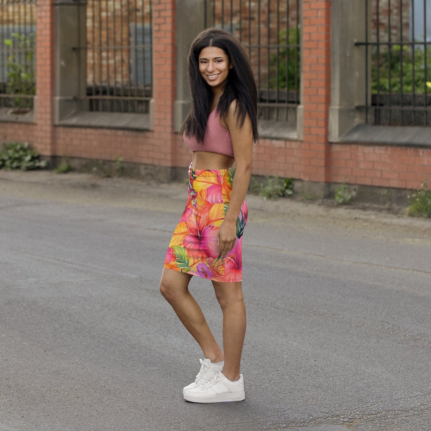 Tropical Floral Women's Mid-Waist Pencil Skirt - Summer Vibes & Party Ready - NLG Studio Design