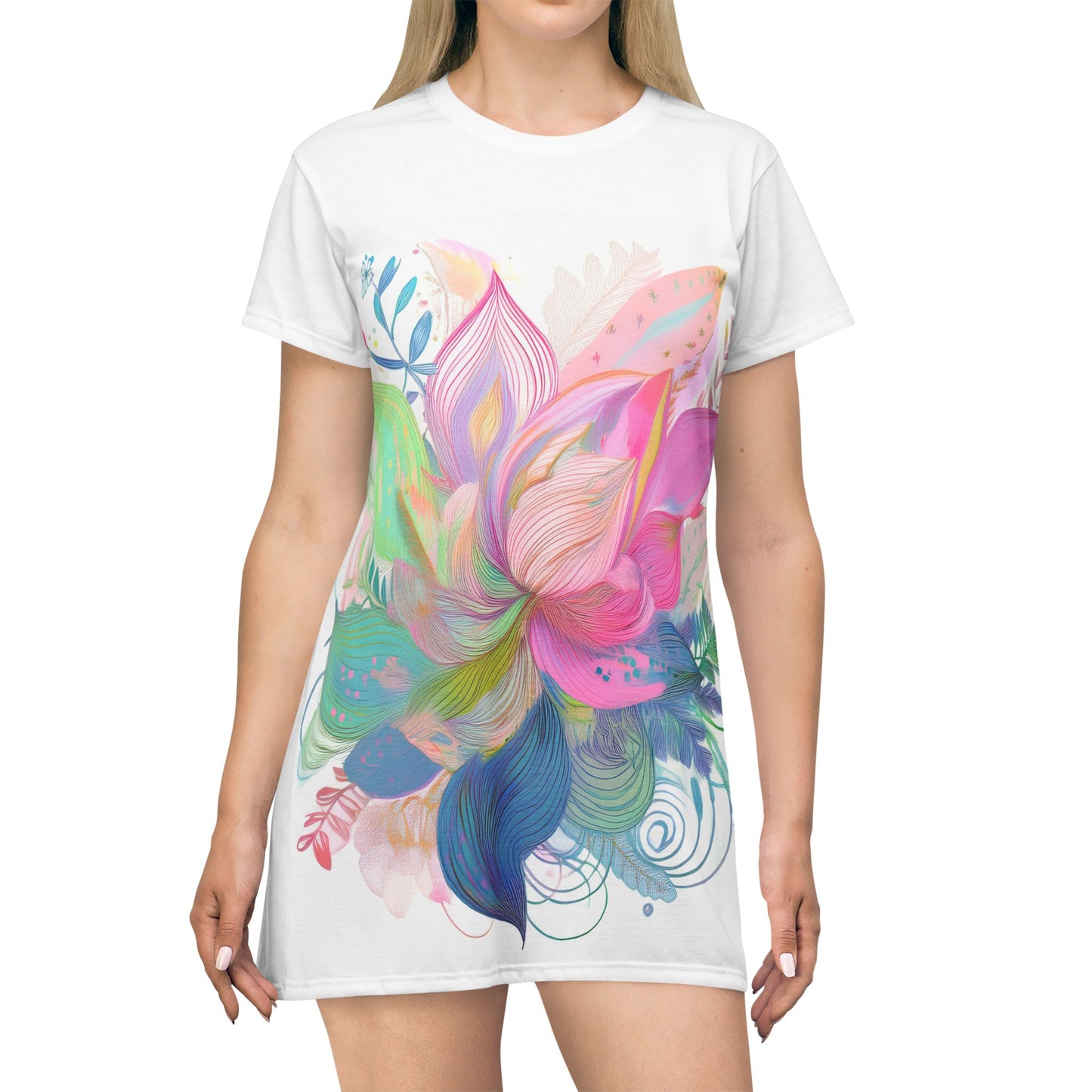 Floral Bliss T-Shirt Dress - Vibrant Botanical Print for Casual Style - NLG Studio Design