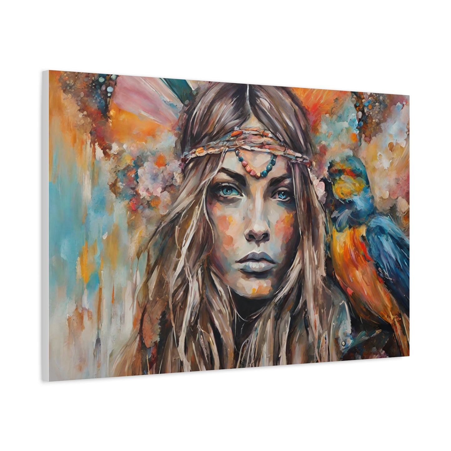 Bohemian Art Canvas Print - Colorful Goddess with Parrot | Home Décor - NLG Studio Design