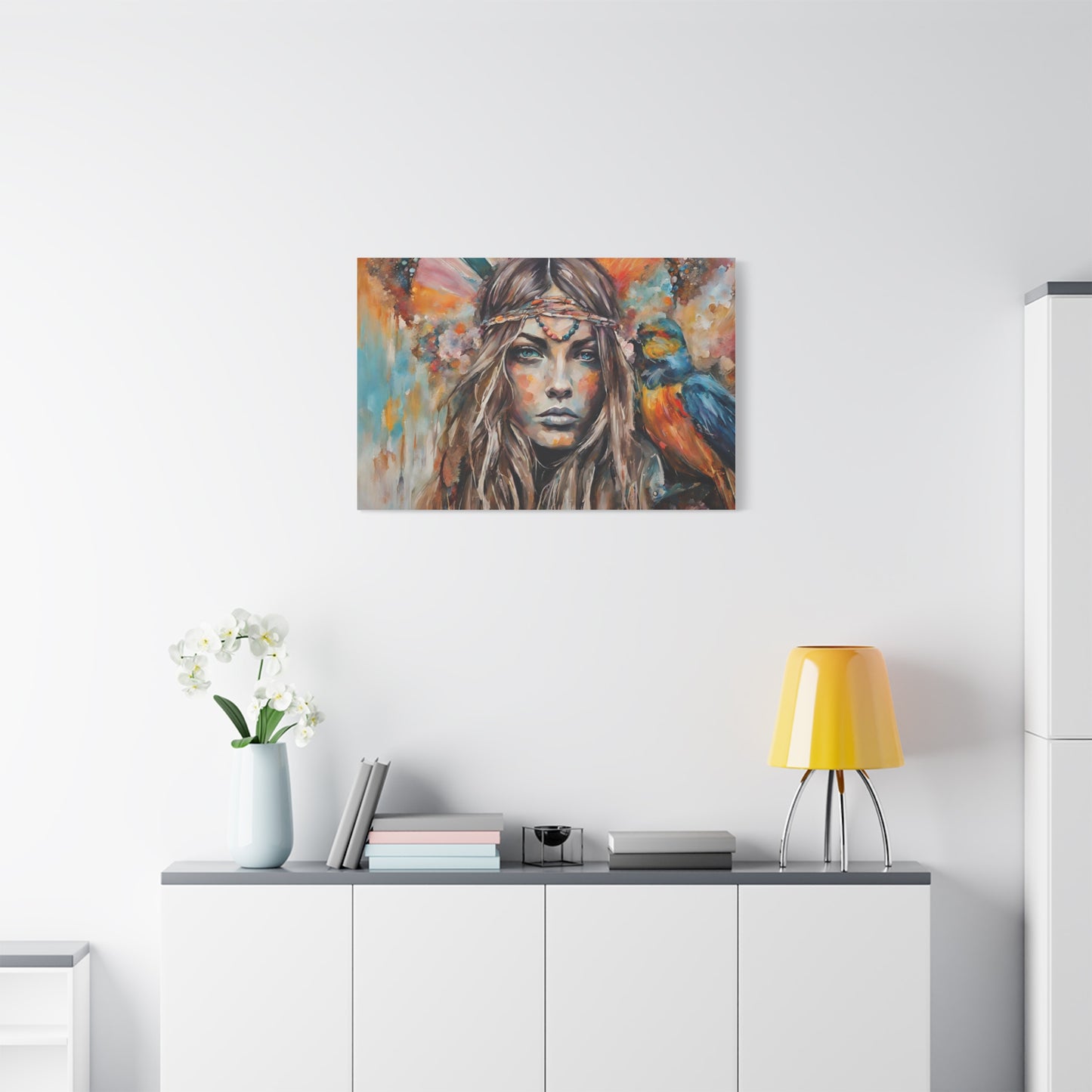 Bohemian Art Canvas Print - Colorful Goddess with Parrot | Home Décor - NLG Studio Design