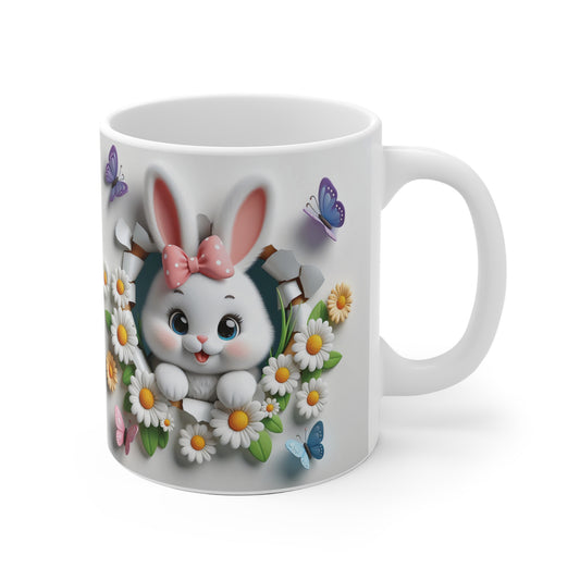 Cute Bunny Floral Mug — Easter Bunny with Daisies & Butterflies Ceramic Coffee Cup
