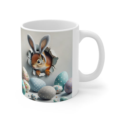 Easter Bunny Ceramic Mug — Cute Bunny Peeking Among Painted Eggs