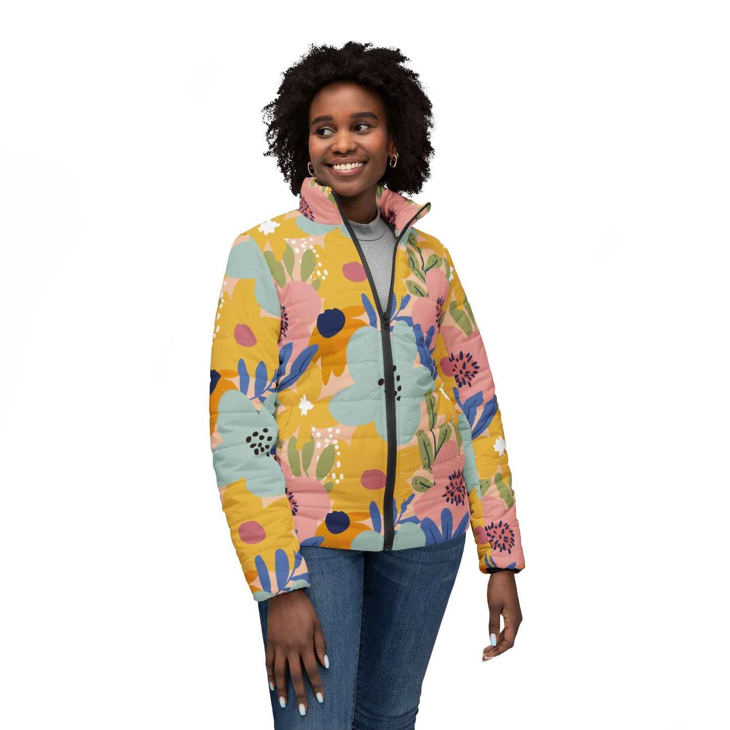 Floral Pattern Women’s Puffer Jacket – Colorful Spring Garden Print