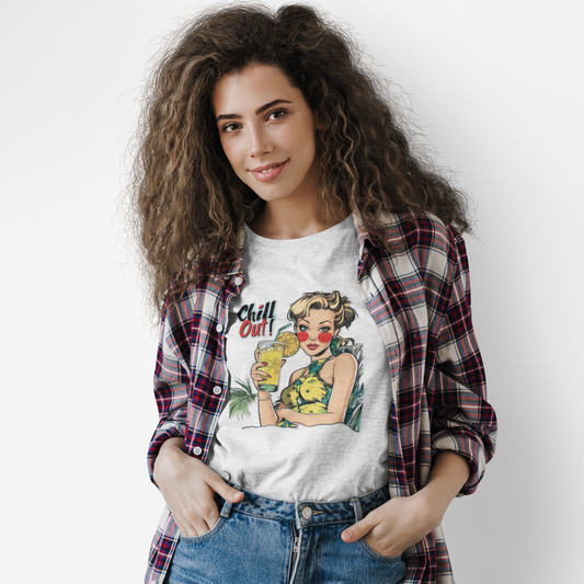 Chill Out Retro Pin-Up Tee — Vintage Tropical Cocktail Graphic Women's Shirt