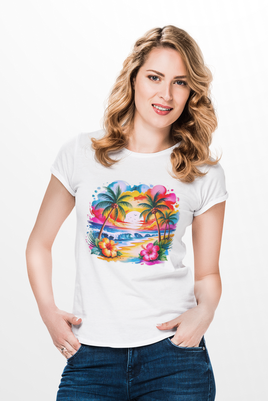 Vibrant Tropical Sunset Tee, Women's Beach Shirt, Summer Vibes Top, Casual Graphic Tee, Perfect Vacation Wear, Gift for Her