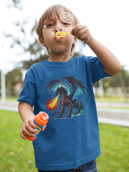 Kids Dragon T‑Shirt — Blue Fire-Breathing Dragon Graphic Tee