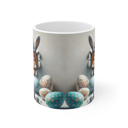 Easter Bunny Ceramic Mug — Cute Bunny Peeking Among Painted Eggs