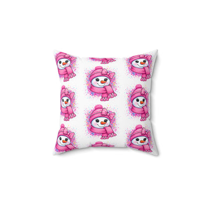 Pink Snowman Throw Pillow — Cute Winter Holiday Decorative Cushion