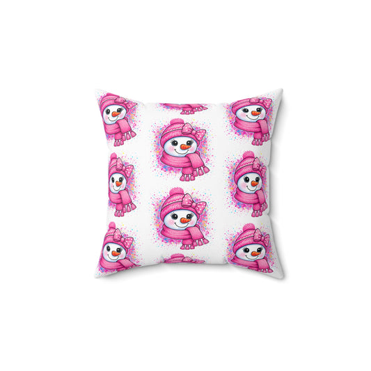 Pink Snowman Throw Pillow — Cute Winter Holiday Decorative Cushion