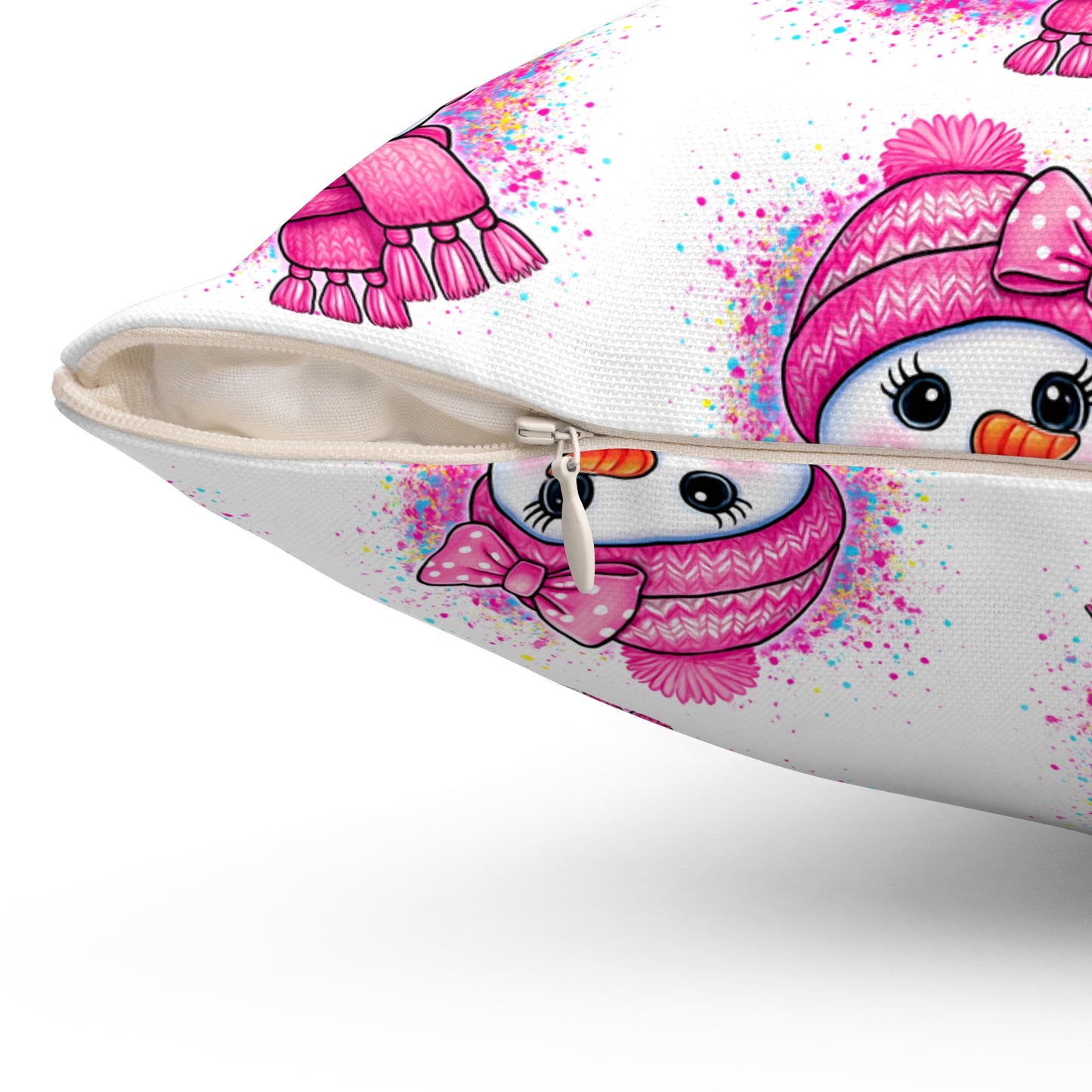 Pink Snowman Throw Pillow — Cute Winter Holiday Decorative Cushion