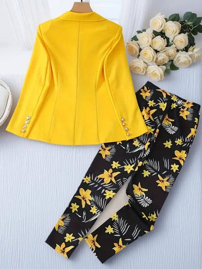 Women's Fashionable Solid Color Top And Printed Pants Set