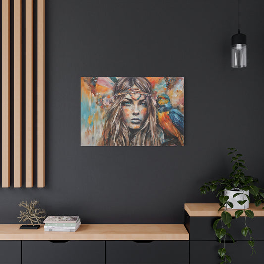 Bohemian Art Canvas Print - Colorful Goddess with Parrot | Home Décor - NLG Studio Design